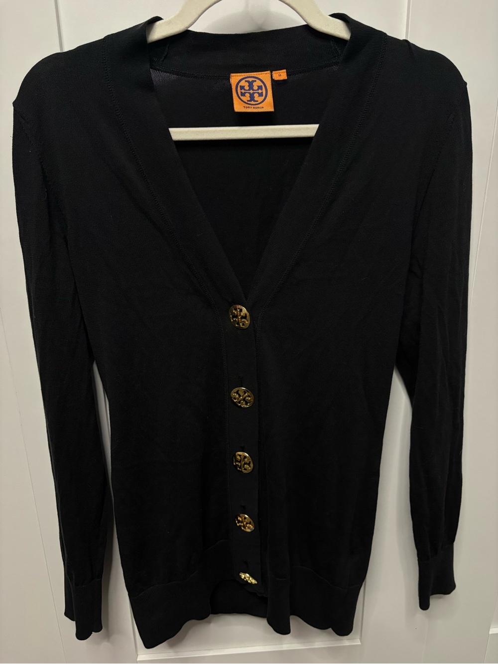 Tory Burch Black V-Neck Cardigan with Logo Buttons - Picture 2 of 7